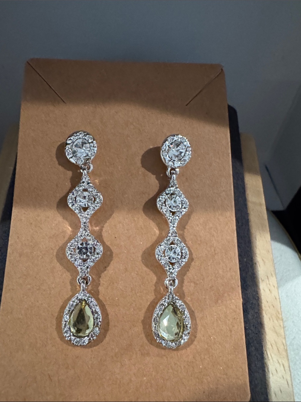 Silver Drop Earrings with Pale Green Teardrop Stones